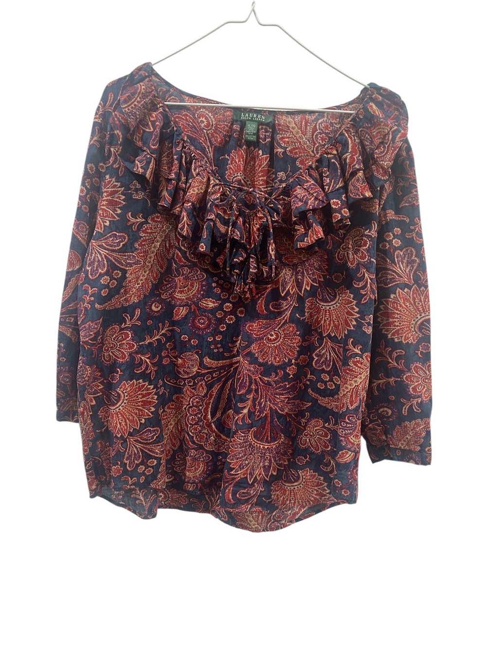 Lauren Ralph Lauren Navy Floral Ruffle-Front Peasant Blouse